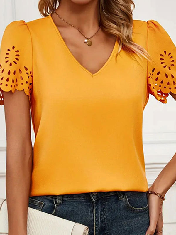 Loose Short Sleeves Hollow Solid Color Split-Joint V-Neck T-Shirts Tops