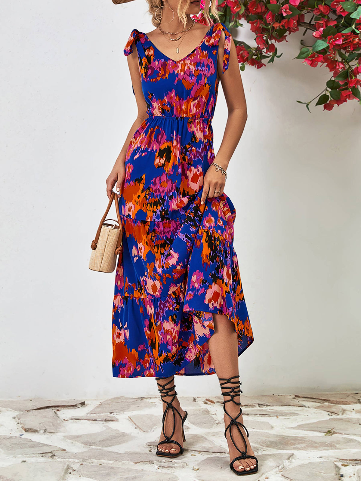 Women's Sexy V Neck Backless Floral Print Party Dress