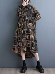 A-Line High-Low Asymmetric Buttoned Pockets Printed Split-Joint Lapel Midi Dresses