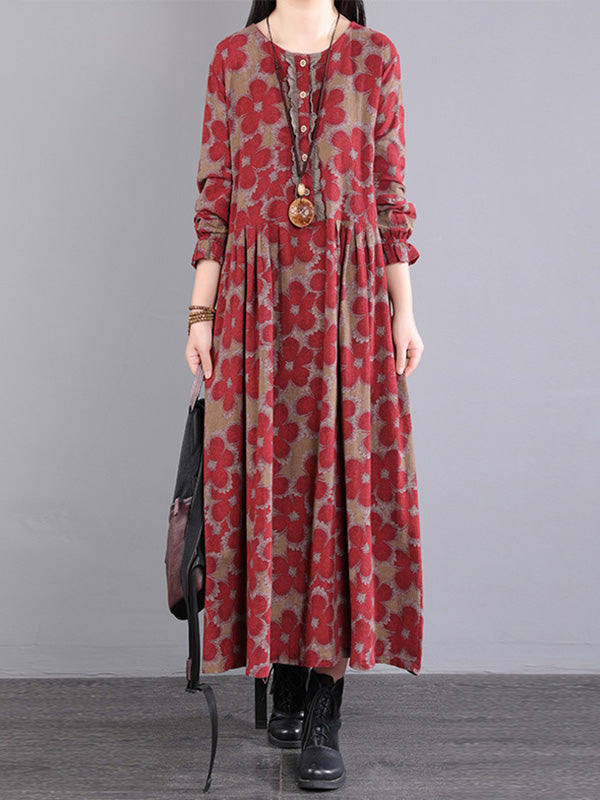 Casual Long Sleeves Loose Floral Printed Round-Neck Midi Dresses