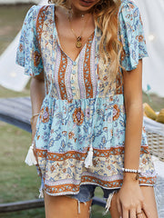 Loose Short Sleeves Buttoned Flower Print Split-Joint Tasseled Tied V-Neck T-Shirts Tops