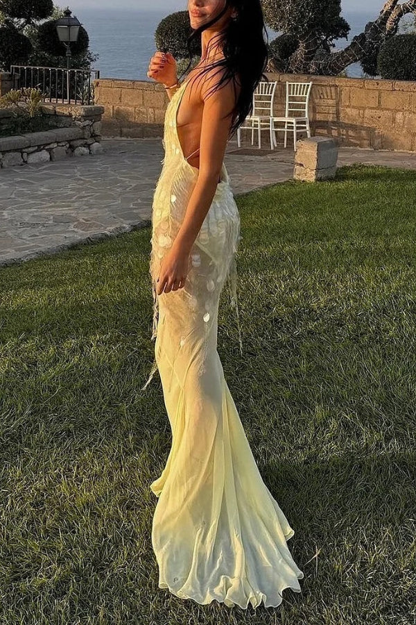 Deep V Neck Sequins Fishtail Hem Backless Gowns Slip Maxi Dresses-Yellow