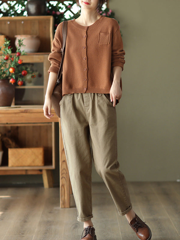 Simple Loose Long Sleeves Buttoned Solid Color Round-Neck Cardigan Tops