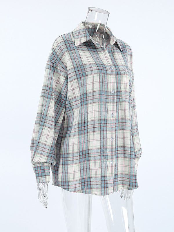 Long Sleeves Loose Buttoned Plaid Pockets Lapel Blouses&Shirts Tops Outerwear