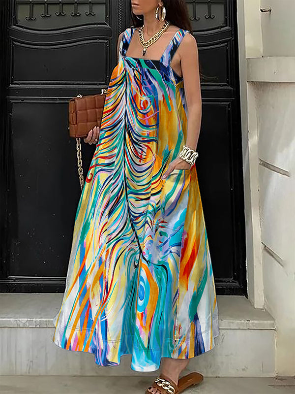 A-Line Loose Contrast Color Pockets Printed Split-Joint Spaghetti-Neck Maxi Dresses