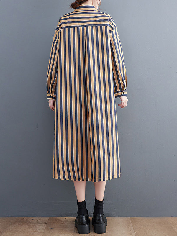 Original Loose Long Sleeves Buttoned Striped Lapel Collar Midi Shirt Dresses