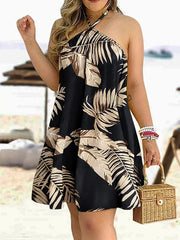 Loose Sleeveless Contrast Color Leaf Printed Halter-Neck Mini Dresses