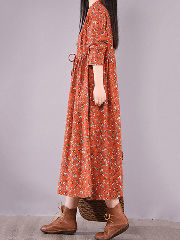 Original Lapel Frenum Floral Printed Midi Dress