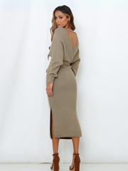 Lorene Tie Waist Midi Sweater Dress - Khaki