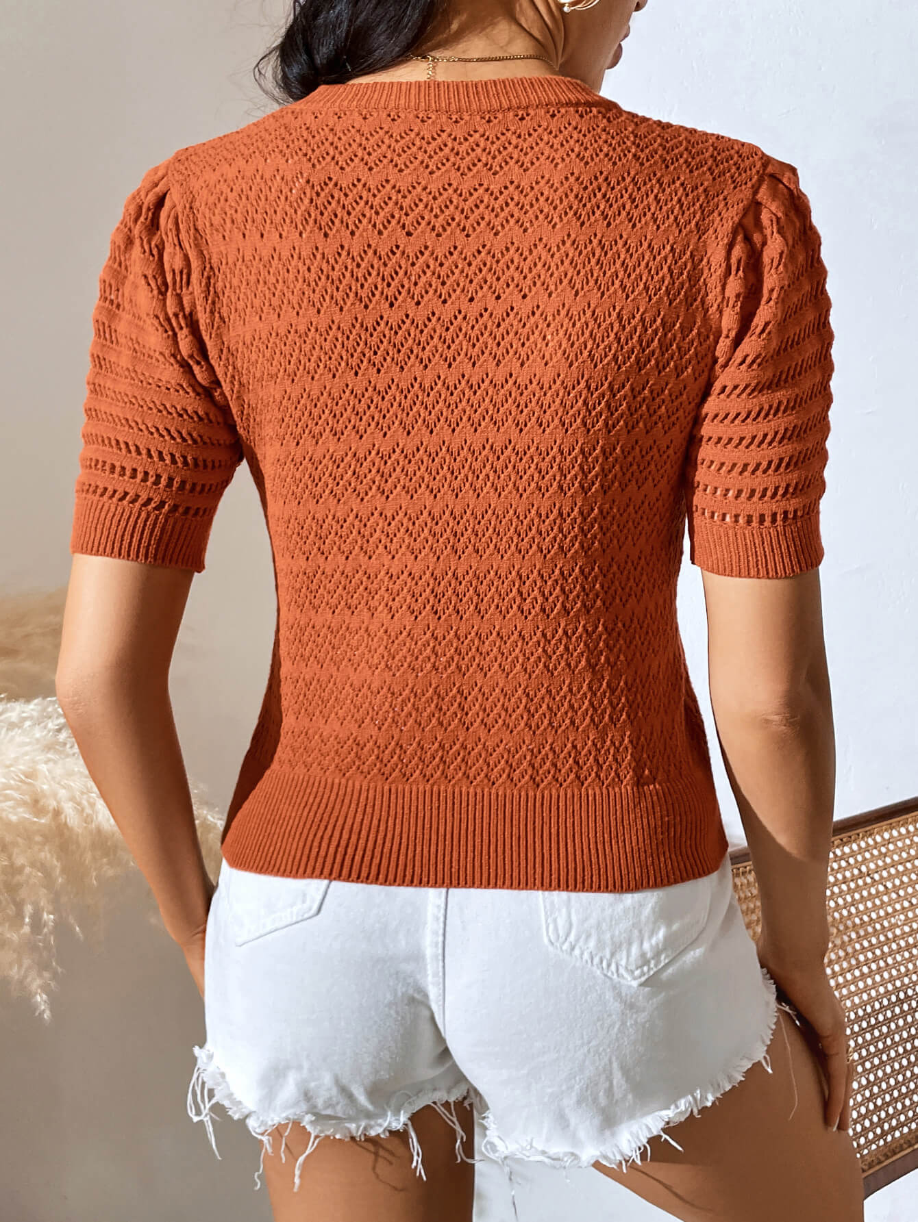 Delphina Perforated Knit Top - Persimmon