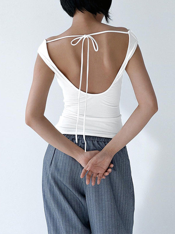 Skinny Sleeveless Backless Solid Color Split-Joint Tied Off-The-Shoulder T-Shirts Tops