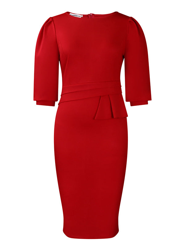 Bodycon Half Sleeves Pleated Solid Color Split-Back Split-Joint Zipper Round-Neck Midi Dresses