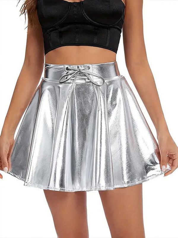 A-Line High Waisted Pleated Shiny Solid Color Tied Waist Skirts Bottoms