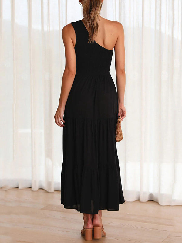 Loose Pleated Solid Color One-Shoulder Midi Dresses