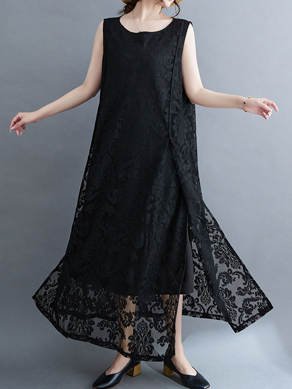 A-Line Loose Lacy See-Through Solid Color Split-Side Round-Neck Midi Dresses