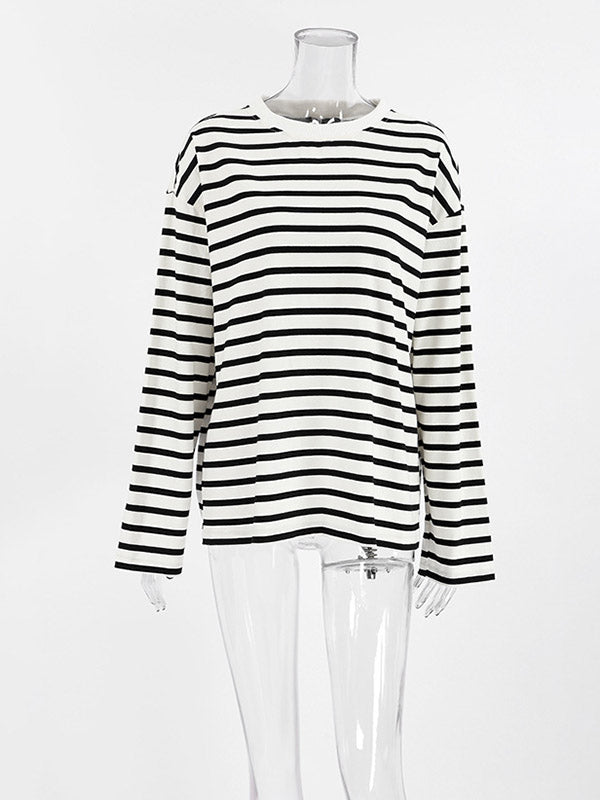 Long Sleeves Loose Contrast Color Striped Round-Neck T-Shirts Tops