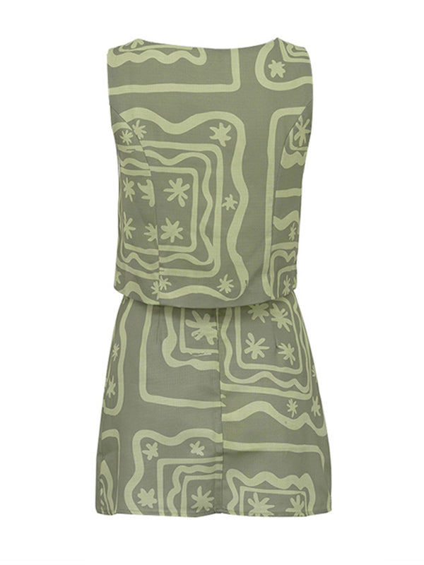 Loose Sleeveless Buttoned Pockets Printed Split-Joint Square-Neck Vest Top + Skirts Bottom Two Pieces Set