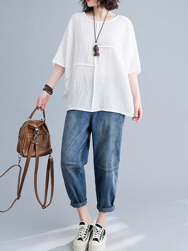 Batwing Sleeves Loose Solid Color Split-Joint Round-Neck T-Shirts Tops