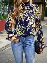 Flared Sleeves Long Sleeves Elasticity Flower Print Round-Neck Blouses&Shirts Tops