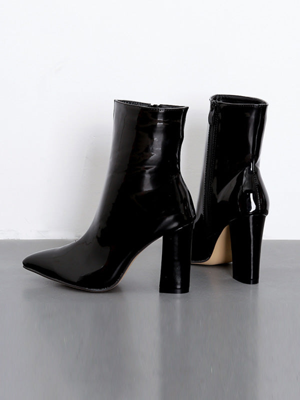 Pointed-Toe Shiny Split-Joint Boots Pumps