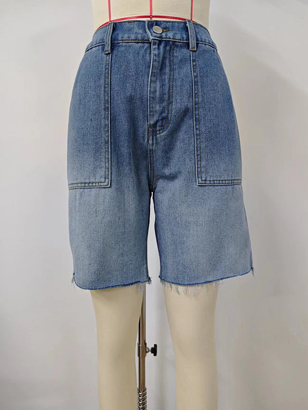 Loose Buttoned Elasticity Fringed Pockets Split-Joint Denim Shorts