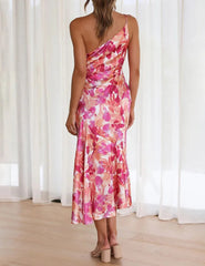 Azalea - Pink Floral One Shoulder Ruched Satin Dress