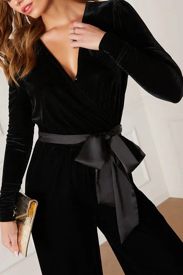 Love One Another Velvet Bow Belted Pocket Cutout Back Loose Jumpsuit