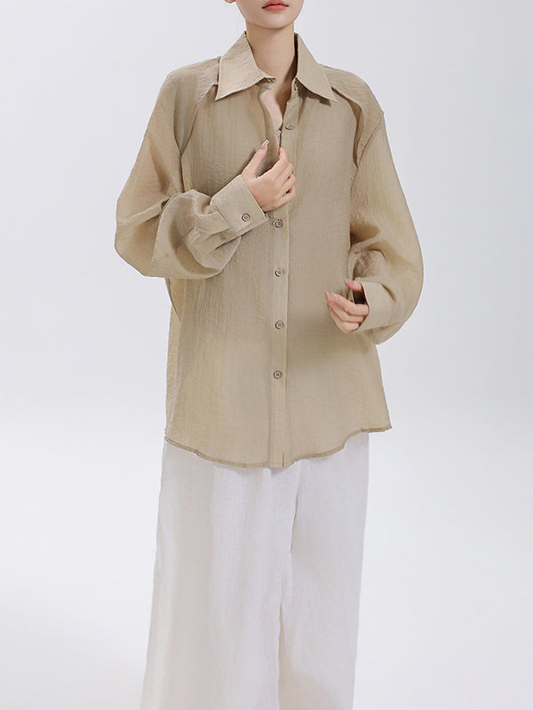 Loose Puff Sleeves See-Through Solid Color Split-Joint Sun Protection Lapel Blouses