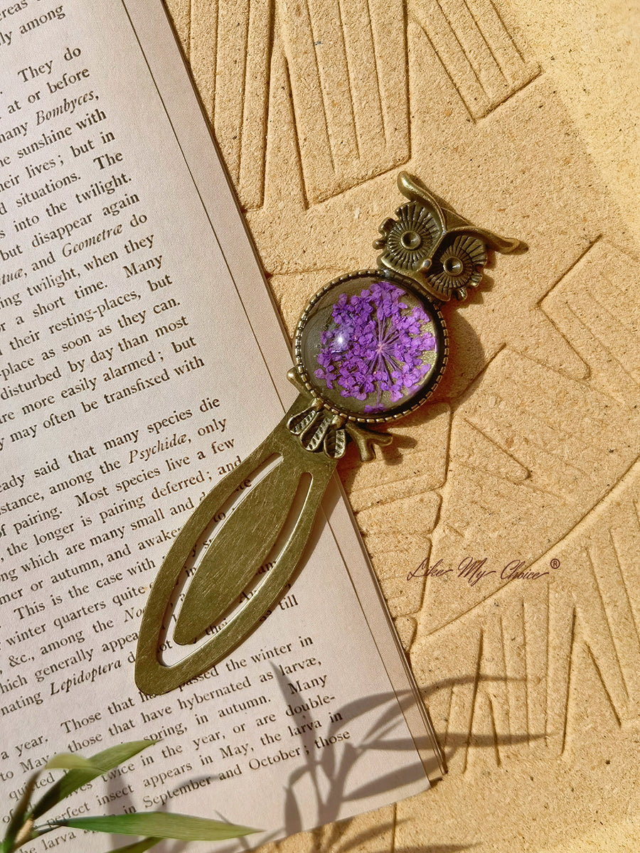 Queen Anne Lace Floral Owl Bronze Bookmark