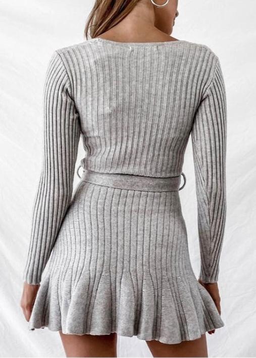 Chic V-Neck Ribbed Knit Wrap Dress - Long Sleeve with Flare Hem