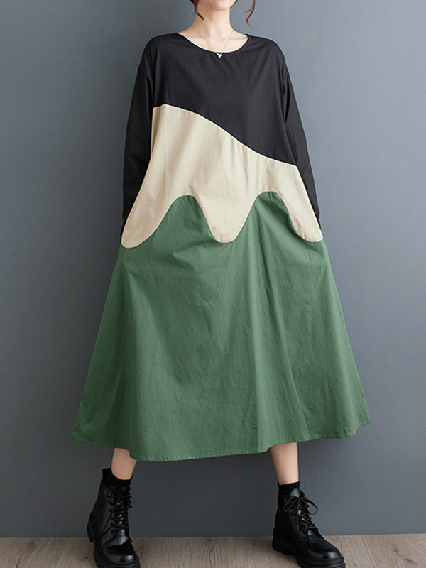 A-Line Long Sleeves Asymmetric Contrast Color Split-Joint Round-Neck Midi Dresses