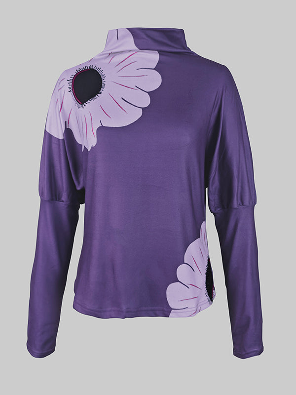 Long Sleeves Loose Flower Print Split-Joint High Neck T-Shirts