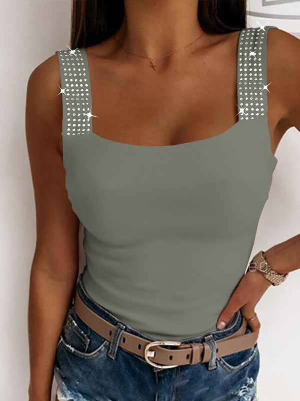 Skinny Sleeveless Elasticity Rhinestone Split-Joint Spaghetti-Neck Vest Top