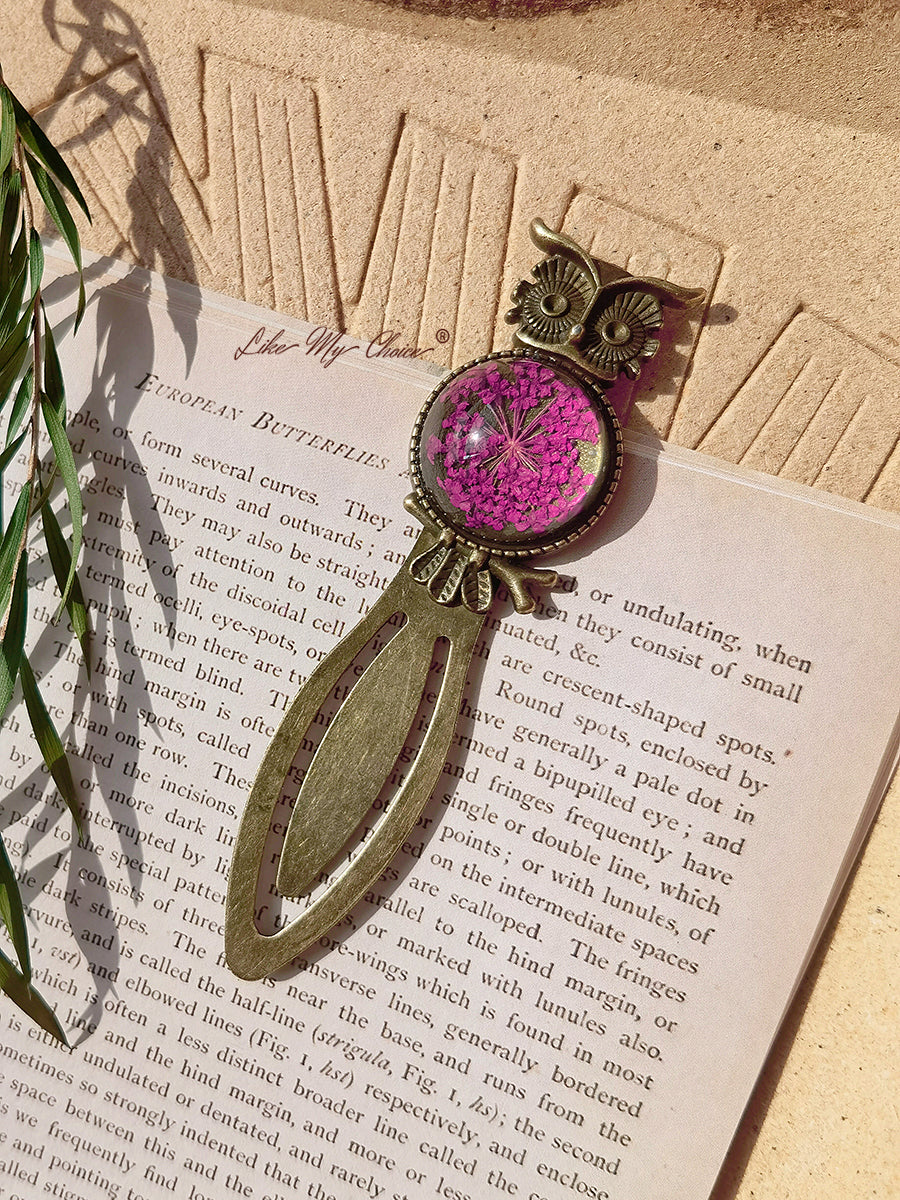 Queen Anne Lace Floral Owl Bronze Bookmark