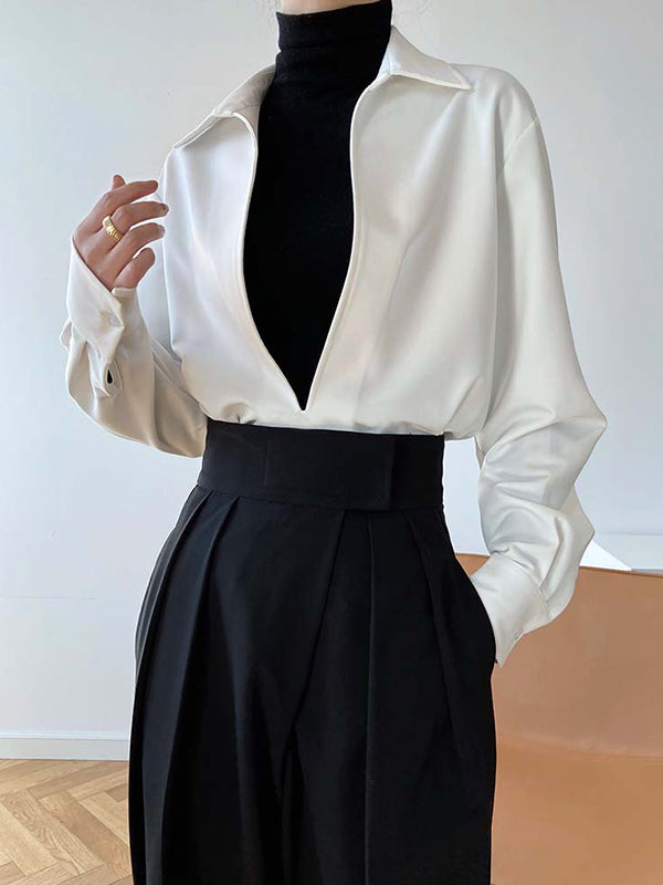 Long Sleeves Loose Solid Color Lapel Blouses