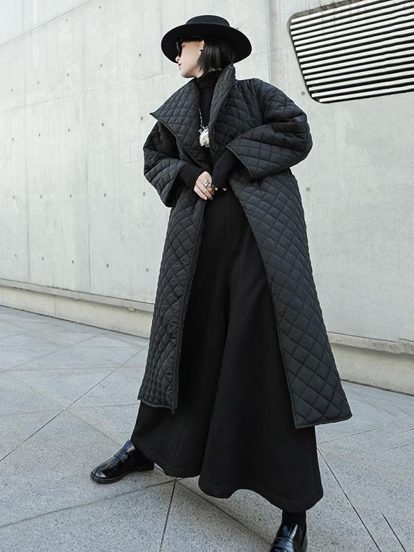 Black Rhombic Split-Side High Collar Long Coat