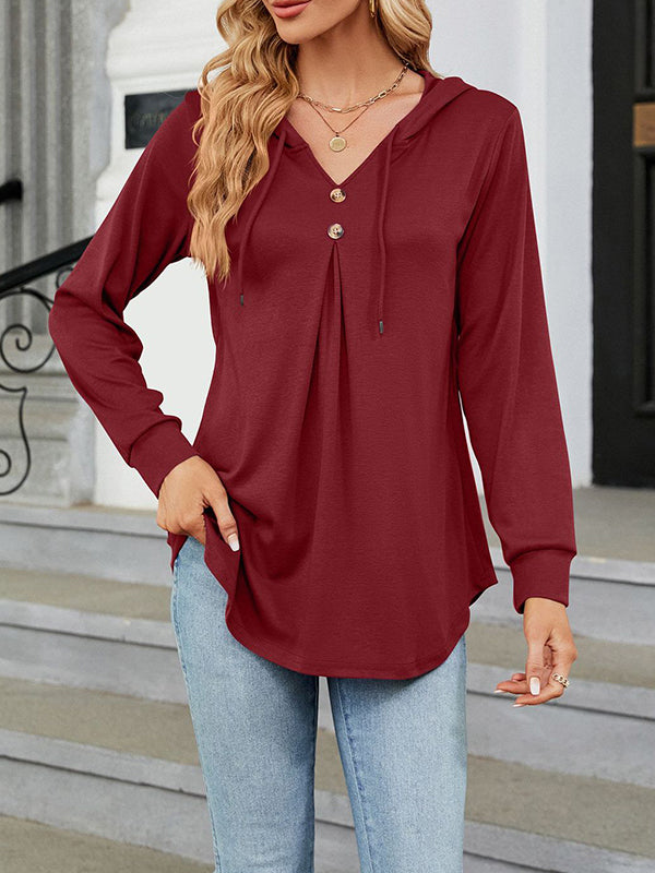 Long Sleeves Loose Buttoned Drawstring Hooded Solid Color V-Neck T-Shirts Tops