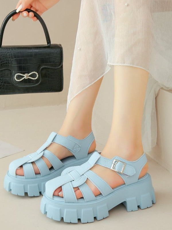 Belt Buckle Hollow Round-Toe Split-Joint Gladiators Platform Shoes Sandals