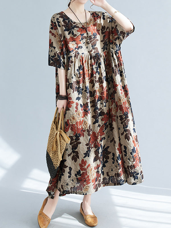 Loose Puff Sleeves Floral Printed Round-Neck Midi Dresses