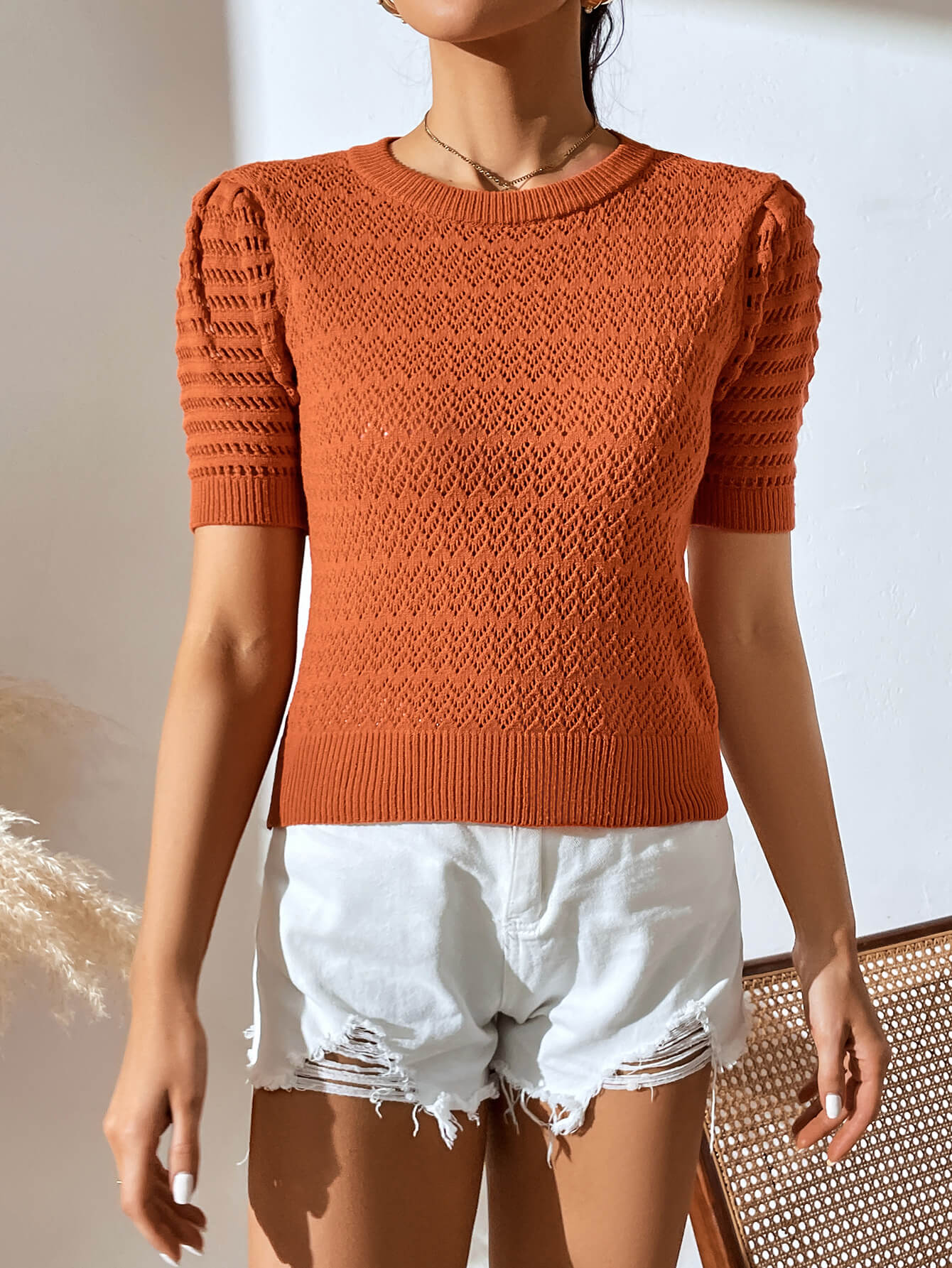 Delphina Perforated Knit Top - Persimmon