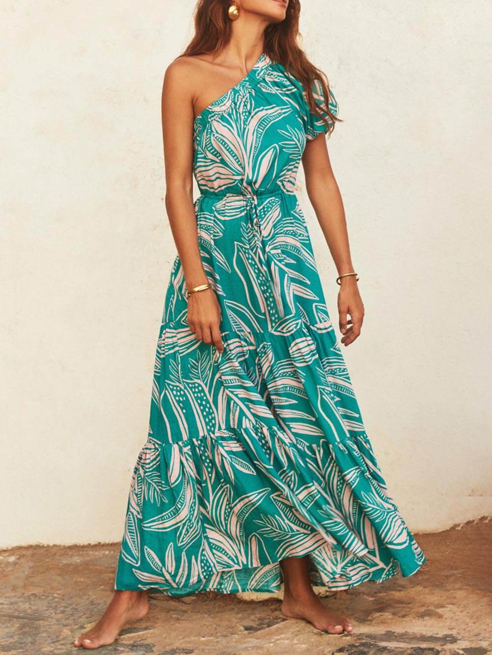 Palm Leaf Print Off-Shoulder Holiday Style Floral Dress