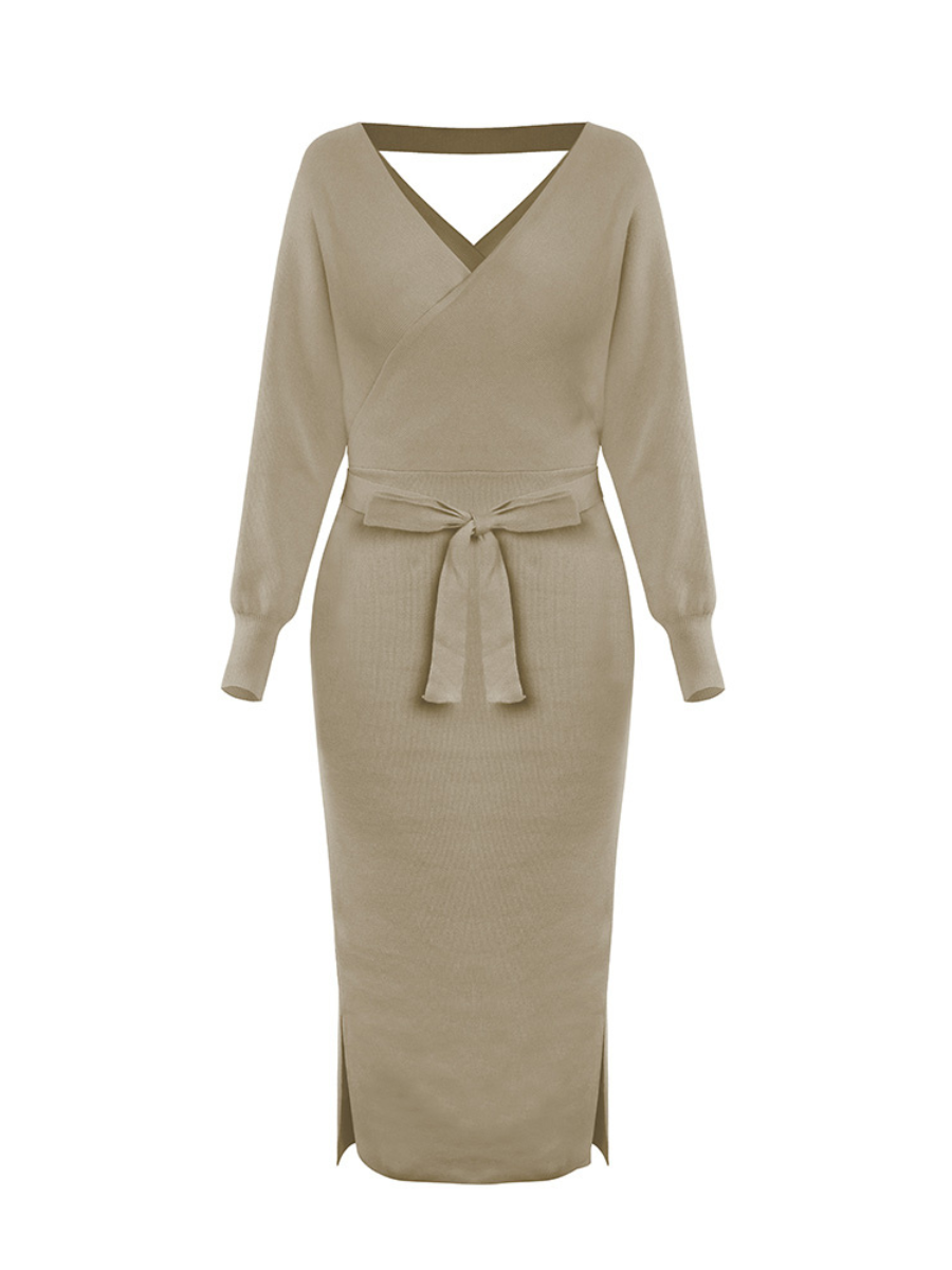 Lorene Tie Waist Midi Sweater Dress - Khaki