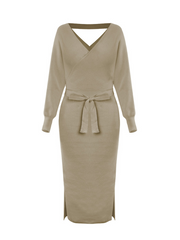 Lorene Tie Waist Midi Sweater Dress - Khaki