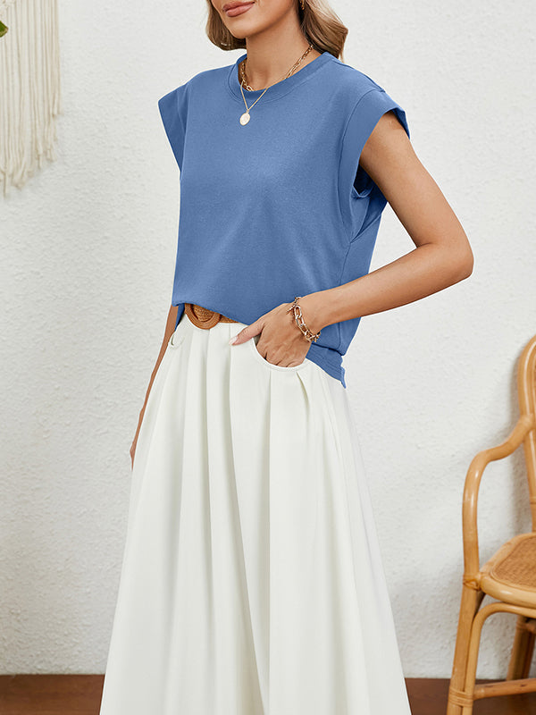 Loose Short Sleeves Solid Color Split-Joint Round-Neck T-Shirts