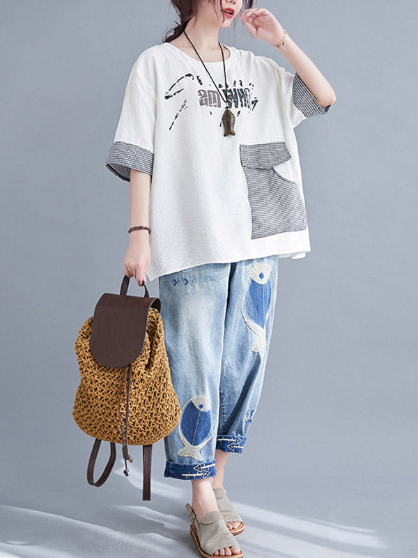 Original Letter Print Split-Joint Round-Neck T-Shirts Tops