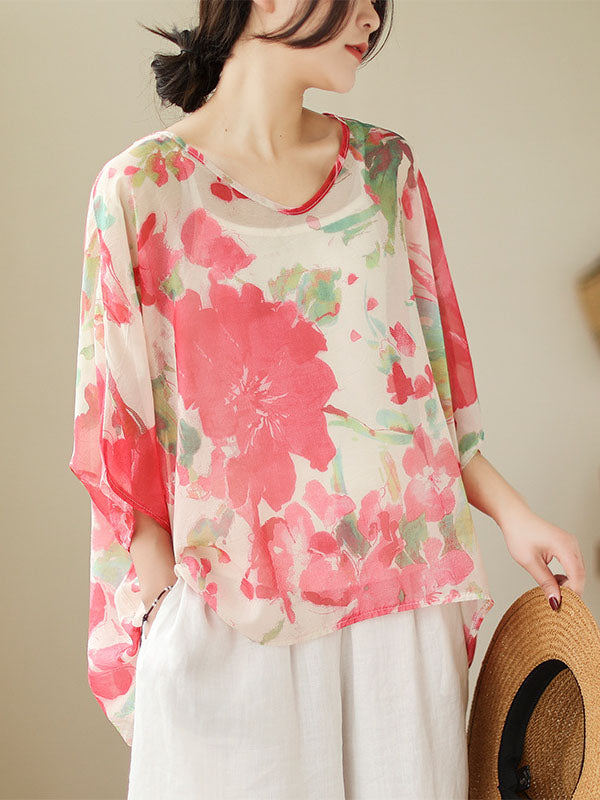 Loose Short Sleeves Floral Printed Round-Neck T-Shirts