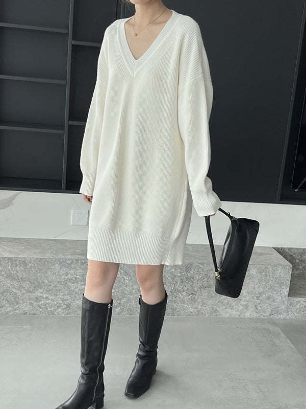 Simple Loose Long Sleeves Solid Color V-Neck Sweater Dresses