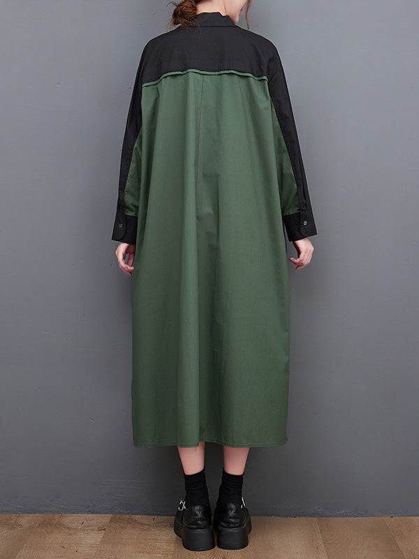 Long Sleeves Loose Asymmetric Buttoned Split-Joint Split-Side Lapel Midi Dresses Shirt Dress