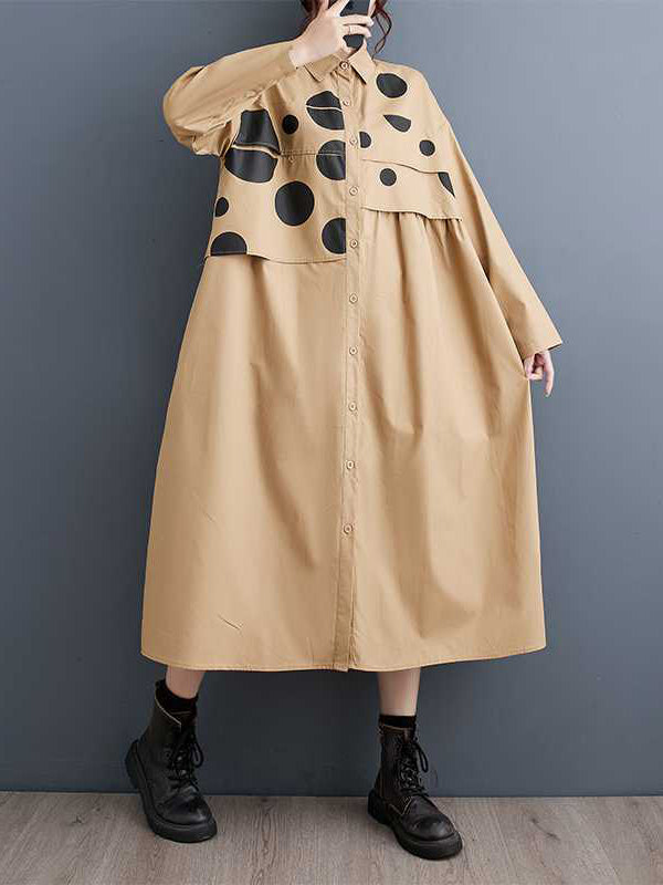 A-Line Long Sleeves Asymmetric Buttoned Polka Dot Split-Joint Lapel Midi Dresses