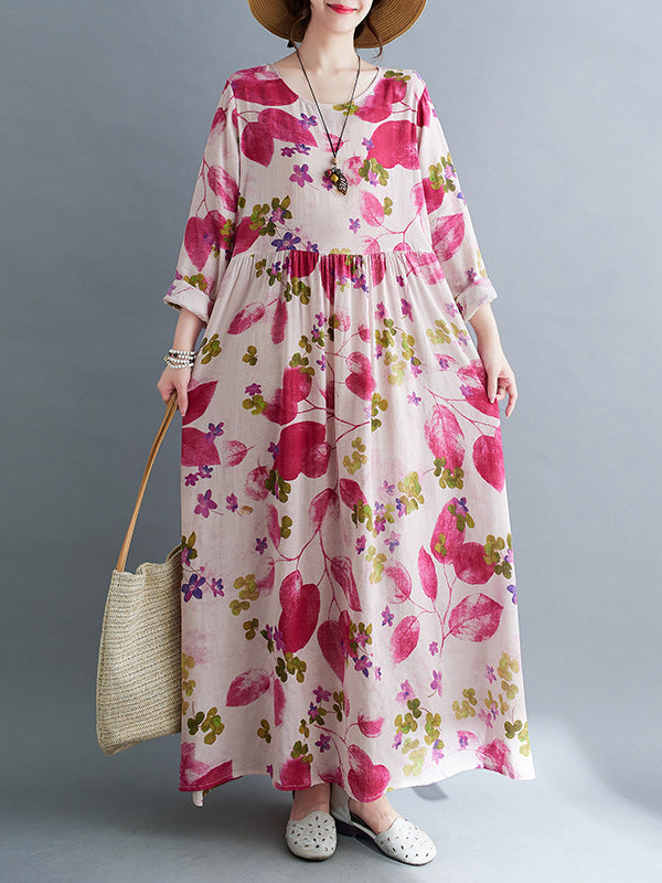 Long Sleeves Loose Flower Print Split-Joint Round-Neck Midi Dresses